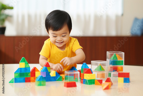 Little happy Asian child playing with colorful cubes at home