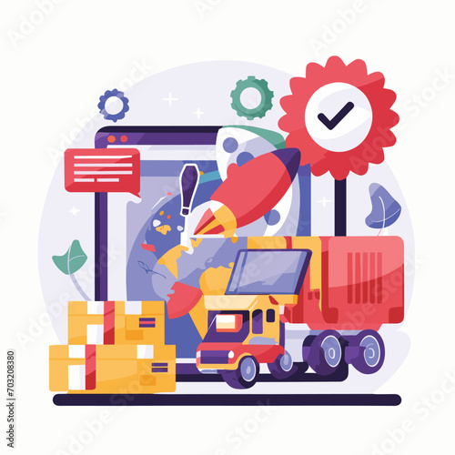2d vector illustration colorful Land and sea transport techniques, methods and technological tools for transporting and shipping goods and products and logistic 