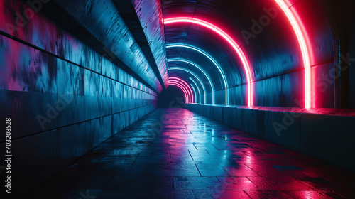Futuristic neon tunnel, leaving for an endless distance, like a mysterious portal