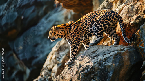 On the frame, the leopard, climbing up the rock, conveys the moment of mobility and ability to ove