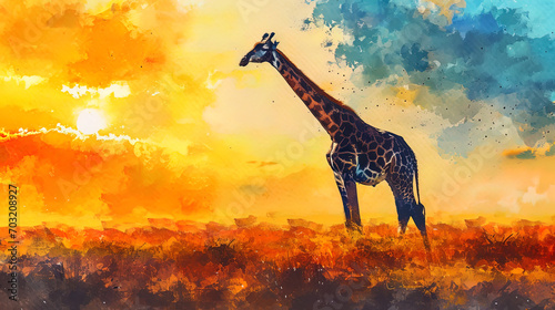 The watercolor pattern of the giraffe  elongated against the background of a bright sunset  like a