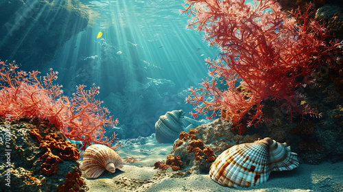 Underwater extravaganza  huge shells and soft coral branches surround an underwater landscape