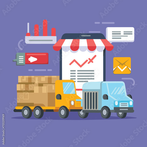 2d vector illustration colorful Land and sea transport techniques, methods and technological tools for transporting and shipping goods and products and logistic 