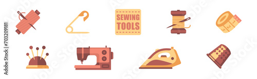 Sewing Tool and Equipment with Pin, Machine, Thimble, Thread, Iron and Measuring Tape Vector Set