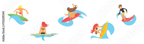 Man and Woman Surfer Character Ride Ocean Wave Vector Set