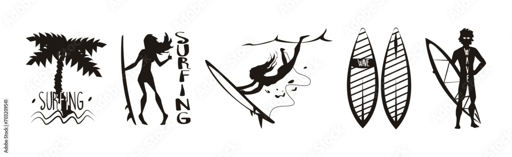 Surfing Black Silhouette with Surfboard, Palm, Man and Woman Vector Set Surfing Black Silhouette with Surfboard, Palm, Man and Woman Vector Set