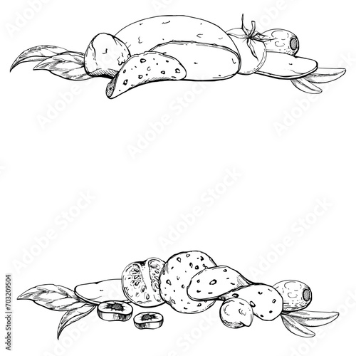 Hand drawn vector ink illustration. Pizza ingredients mozzarella cheese pepperoni tomato basil herb. Square frame isolated on white. Design restaurant, menu, cafe, food shop or package, flyer, print.