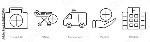 A set of 5 Emergency icons as first aid kit, patient, ambulance