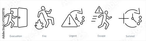 A set of 5 Emergency icons as evacuation, fire, urgent