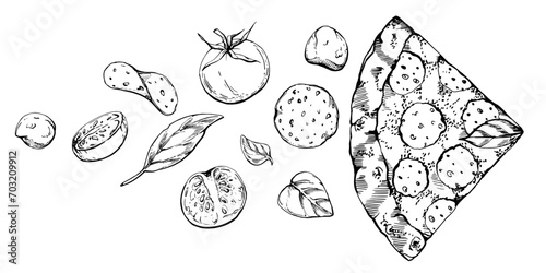 Hand drawn vector ink illustration. Pepperoni pizza slice, mozzarella tomato basil, Italian cuisine. Composition isolated on white. Design for restaurant menu, cafe, food shop or package, flyer print.