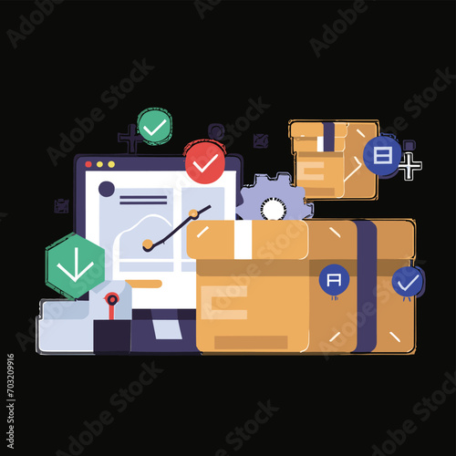 2d vector illustration colorful Land and sea transport techniques, methods and technological tools for transporting and shipping goods and products and logistic 