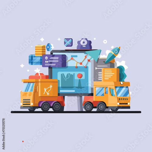 2d vector illustration colorful Land and sea transport techniques, methods and technological tools for transporting and shipping goods and products and logistic 