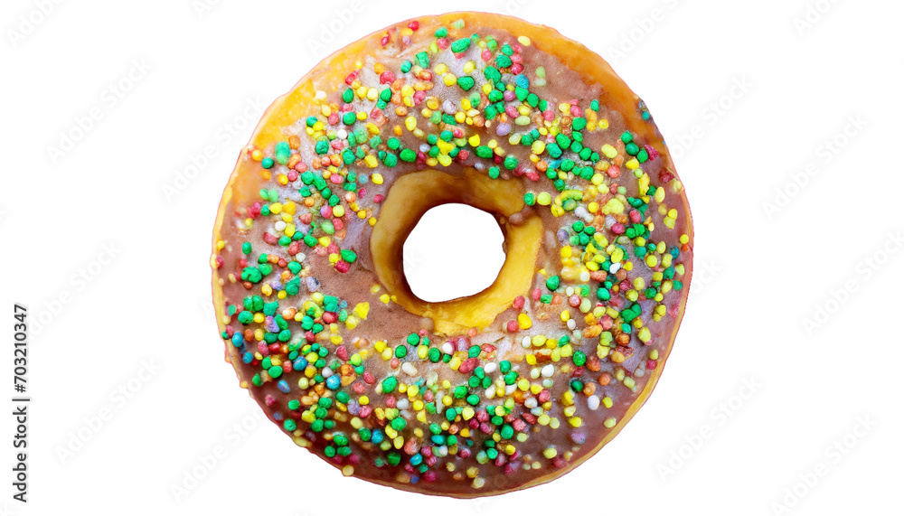 Delicious glazed donut with colorful sprinkles transparent background.