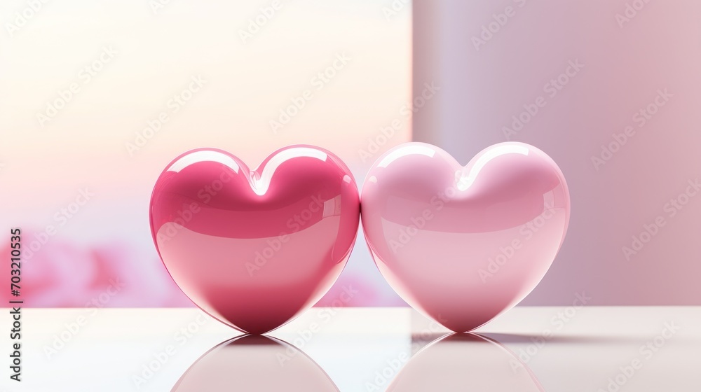 Two glossy hearts nestle together with a minimalist pink backdrop