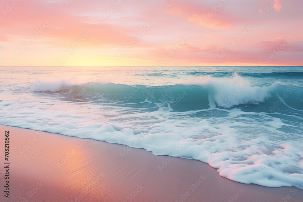 Serene sunrise scene with ocean waves crashing against the shore - capturing the soothing natural sounds in a peaceful setting.