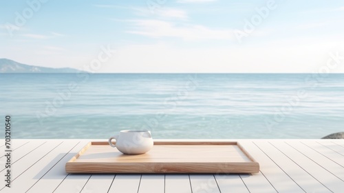 Wooden tray on a white deck overlooking a tranquil sea with distant islands