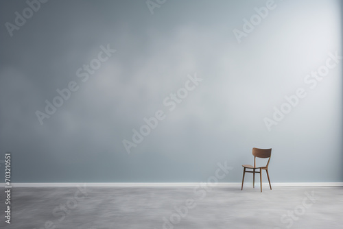 Conceptual image of a tranquil space symbolizing silence, with an empty room and a single chair, focus on the absence of sound photo