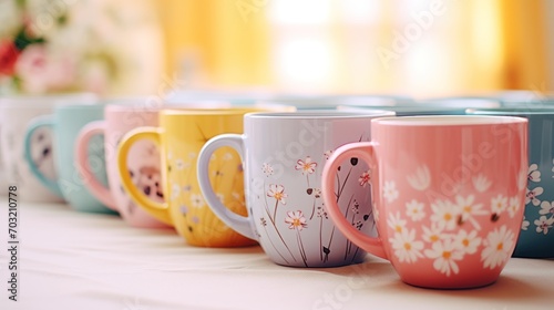Pastel-hued mugs with floral patterns lined up in morning light