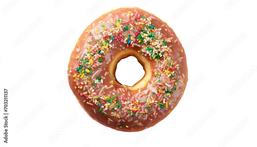 Delicious glazed donut with colorful sprinkles transparent background.