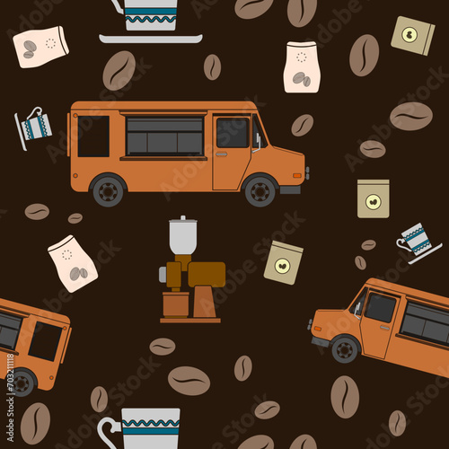 Editable Side View Mobile Coffee Van Shop With Brewing Equipment Vector Illustration Seamless Pattern in Flat Style With Dark Background for Cafe Related Concept Purposes