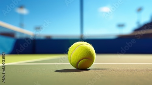 Bright tennis ball lies on a blue court awaiting the next serve © maniacvector