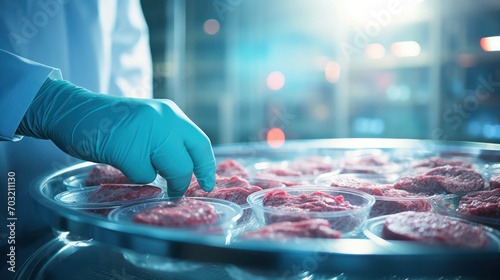 The hands of a scientist in a laboratory setting presents a petri dish nurturing lab-grown meat,  photo