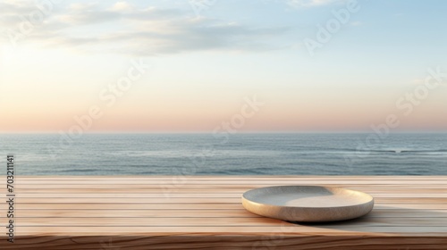 Wooden tray on a white deck overlooking a tranquil sea with distant islands