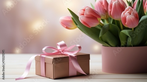 Pink tulips next to a gift box with a silky bow on a wooden surface