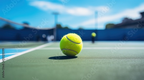 Bright tennis ball lies on a blue court awaiting the next serve