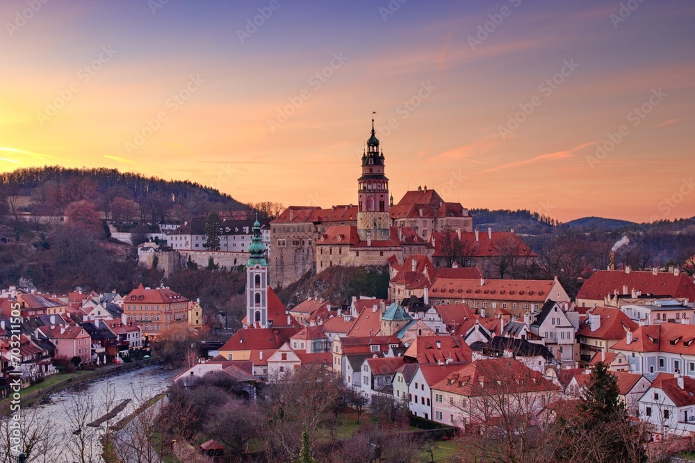A sunset with colorful sky above the historical town and castle at Cesky Krumlov, Czech republic