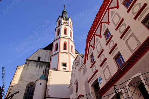 A view to the church of Saint Vitus in historical town Cesky Krumlov, Czech republic
