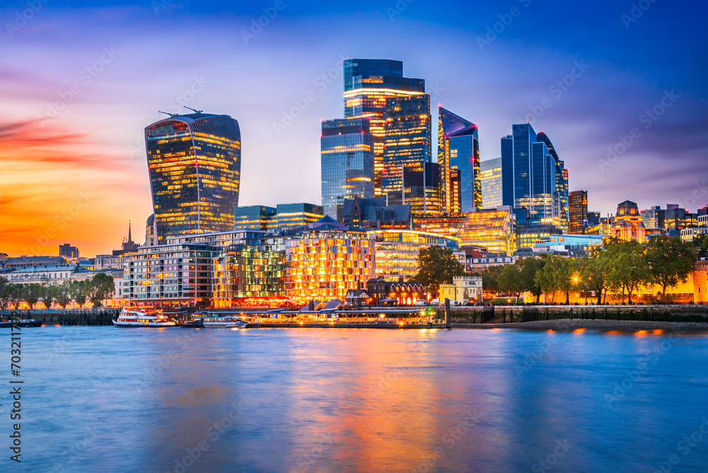 London, United Kingdom. Skyline view of the famous City of London during blue hour.