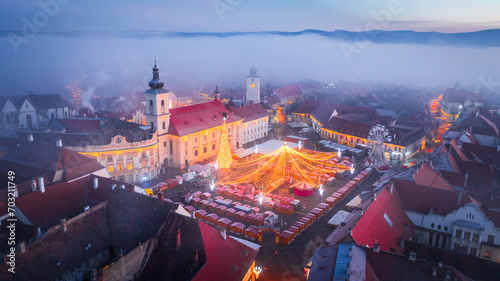 Sibiu, Transylvania - Aerial view of the Christmas, most famous of Romania.