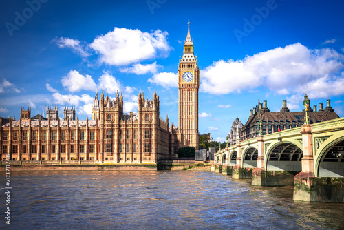 London  United Kingdom. Westminster Bridge  Big Ben and House of Commons building in background  travel english landmark on sunny day.