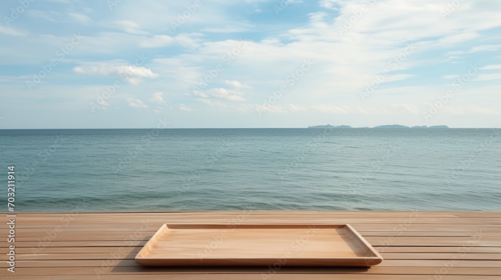 Wooden tray on a white deck overlooking a tranquil sea with distant islands