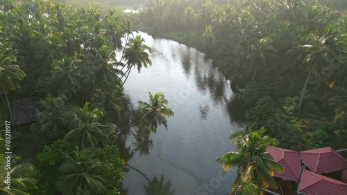 misty morning on the river of Kannur, India