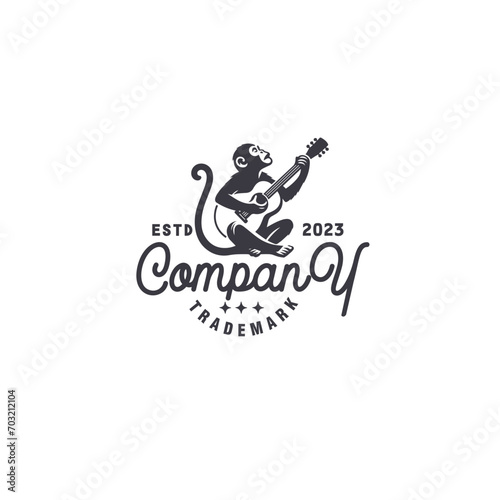 monkey playing guitar vintage monochrome unique logo design vector illustration