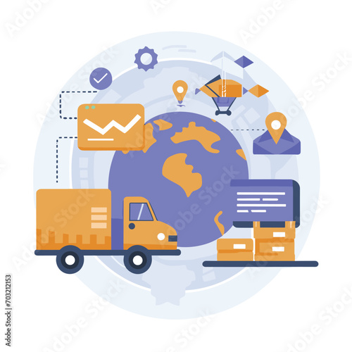 2d vector illustration colorful Land and sea transport techniques, methods and technological tools for transporting and shipping goods and products and logistic 