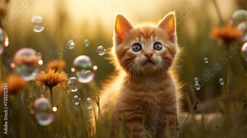 Orange kitten gazes at floating bubbles in a magical sunset field.