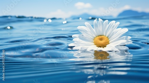 Daisy floats on gentle ripples in a serene expanse of clear water under the sky.