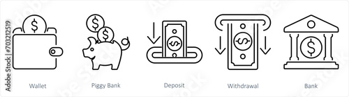 A set of 5 Finance icons as wallet, piggy bank, deposit photo