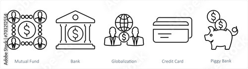 A set of 5 Finance icons as mutual funds, bank, globalization