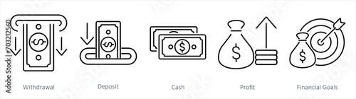 A set of 5 Finance icons as withdrawal, deposit, cash
