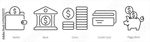 A set of 5 Finance icons as wallet, bank, coins