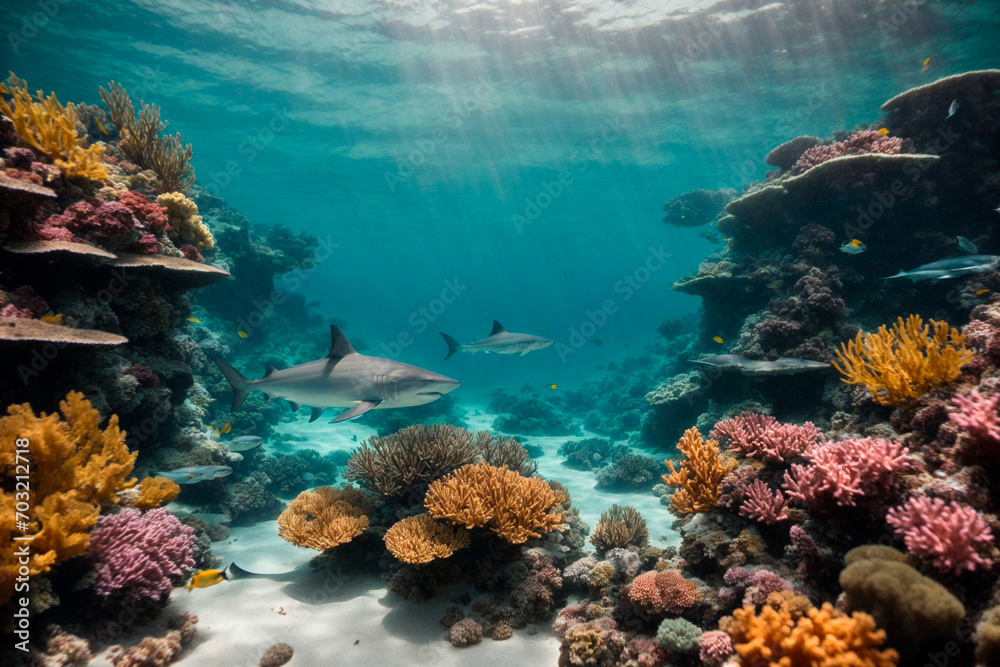 Beautiful underwater landscape, corals, beautiful colorful fish, sharks, sun rays