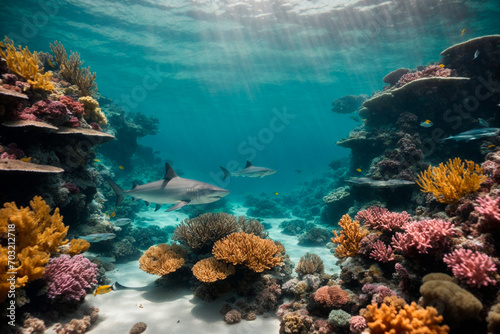 Beautiful underwater landscape, corals, beautiful colorful fish, sharks, sun rays © Stanislau Vyrvich
