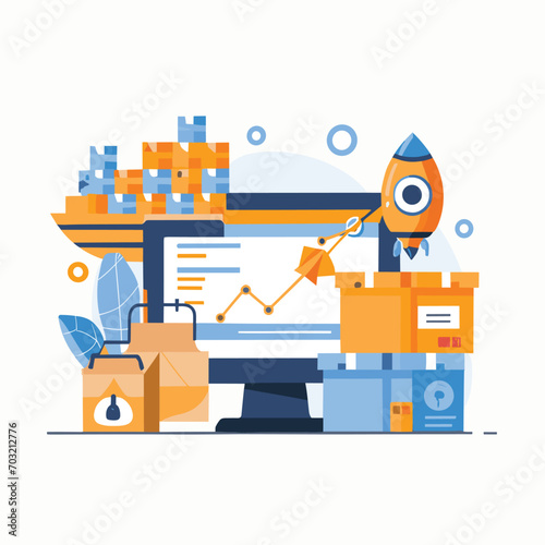 2d vector illustration colorful Land and sea transport techniques, methods and technological tools for transporting and shipping goods and products and logistic 