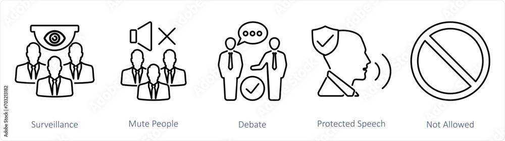 A set of 5 Freedom of Speech icons as surveilliance, mute people, debate A set of 5 Freedom of Speech icons as surveilliance, mute people, debate