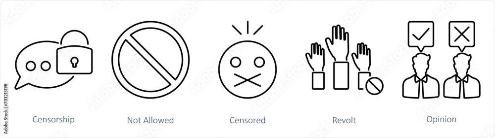 A set of 5 Freedom of Speech icons as censorship, not allowed, censored - obrazy, fototapety, plakaty 