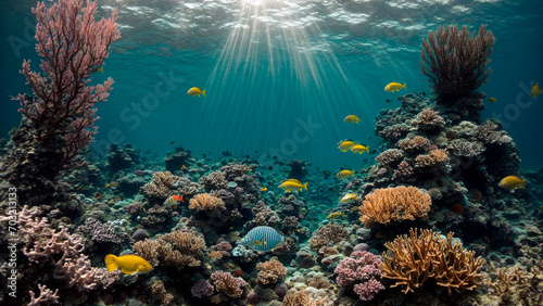 harmony of the ocean, underwater landscape, beautiful corals with yellow fish